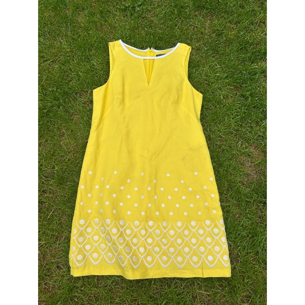Jessica Howard Yellow Linen Dress Sleeveless Shift Womens 10P White Mod Dots